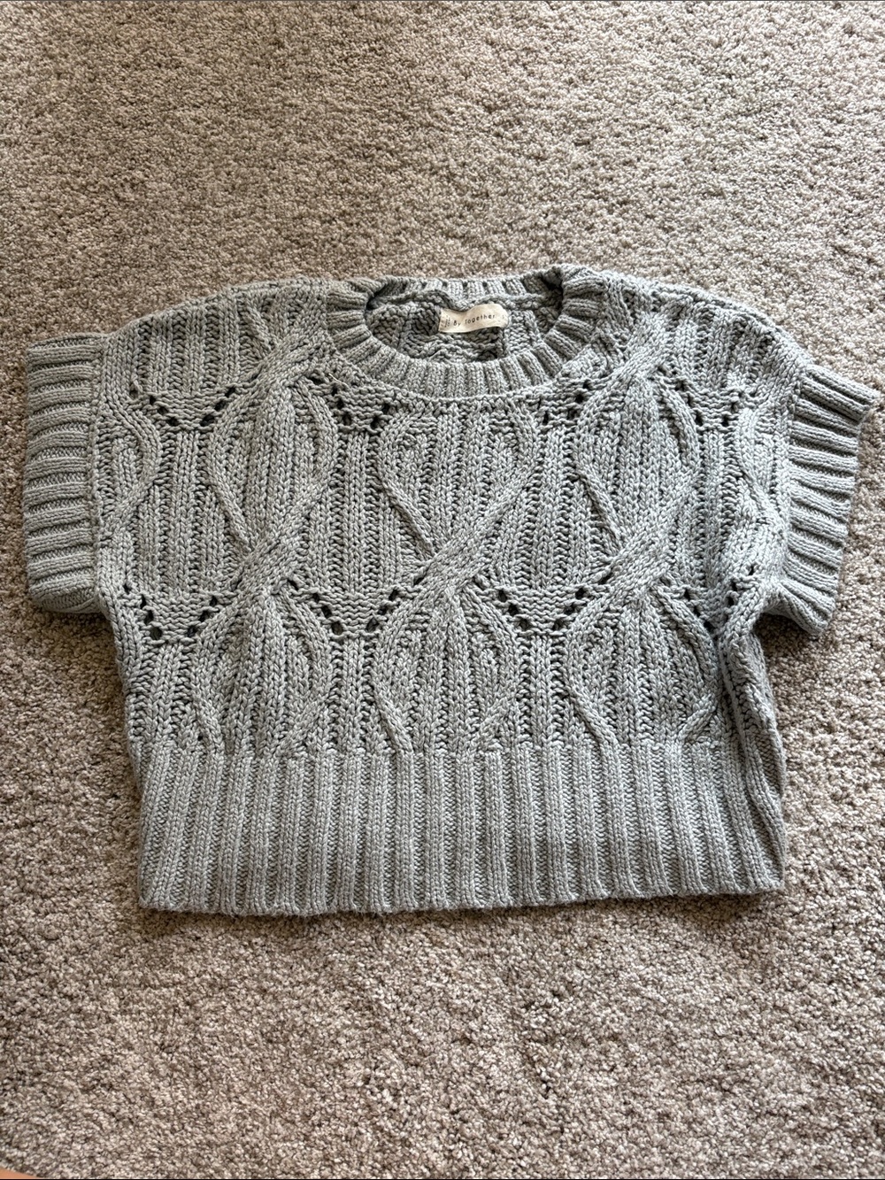 By Together Light Gray Open-Knit Short-Sleeve Crewneck Sweater